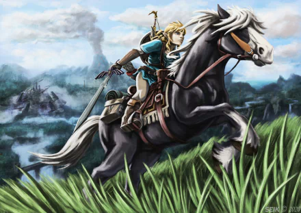Link rides a galloping horse across grassy hills, sword drawn beneath a smoky sky — art from the video game The Legend of Zelda: Breath of the Wild; HD PC desktop wallpaper/background.