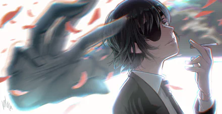 HD anime desktop wallpaper featuring Himeno from Chainsaw Man, depicted in a dynamic pose with blurred hand and falling petals in the background.