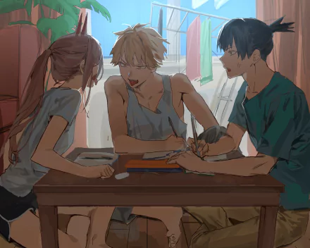 4K Ultra HD PC desktop wallpaper: Aki Hayakawa, Denji and Power (Chainsaw Man) laugh around a sunlit table with a sketchbook and snacks.