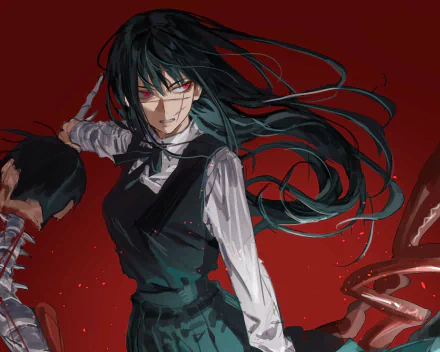 War Devil Asa Mitaka from Chainsaw Man, hair and coat whipping in wind, clutching a chainsaw blade against a blood-red backdrop — 2K Quad HD anime desktop wallpaper.