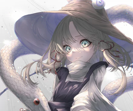 2K Quad HD PC wallpaper of Suwako Moriya (Touhou): close-up anime portrait, glowing teal eyes, braided hair, scarf, coiled snake and soft lighting.