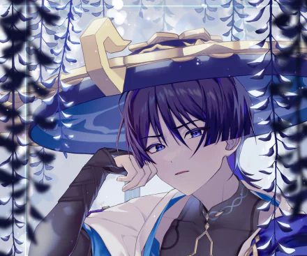 HD PC wallpaper of Scaramouche (Genshin Impact): close-up portrait in a wide-brim hat beneath cascading wisteria, blue‑purple video game art for Genshin Impact.