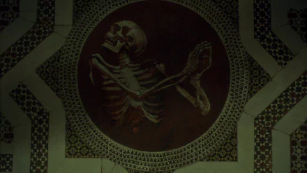 HD PC desktop wallpaper from the TV show Hannibal featuring a dark, artistic depiction of a skeleton within an ornate circular frame.