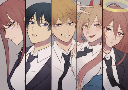 HD anime desktop wallpaper featuring Angel Devil, Power, Denji, Aki Hayakawa, and Makima from Chainsaw Man, each shown in a vertical split-panel style.