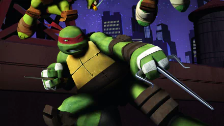 TV show Teenage Mutant Ninja Turtles 4K Ultra HD PC desktop wallpaper: Raphael crouched on a rooftop at night, sais drawn, city skyline and fellow turtle limbs behind him.