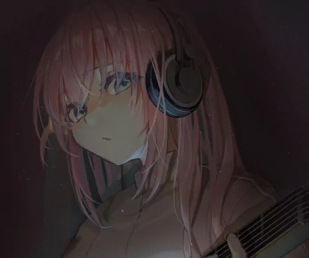 Close-up anime 2K Quad HD PC desktop wallpaper of Hitori Gotou (Bocchi the Rock) wearing headphones, pink hair and a guitar, soft-lit portrait with moody, subdued colors.
