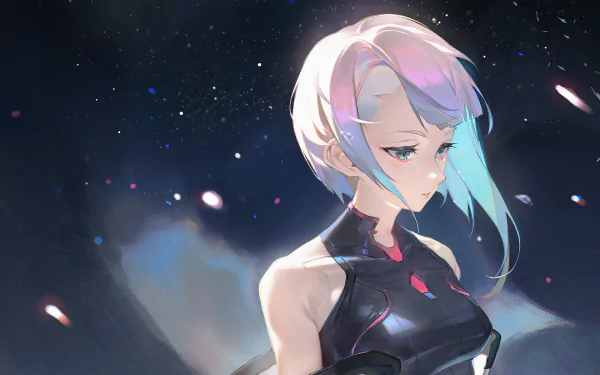 Lucy from Cyberpunk: Edgerunners in a futuristic anime style, featured as a high-definition desktop wallpaper.
