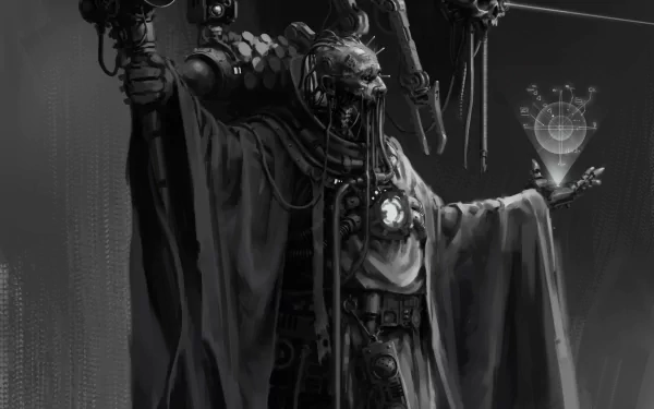 4K Ultra HD Warhammer 40k PC desktop wallpaper featuring a dark, armored figure wielding a staff and projecting a holographic interface in a futuristic, grim setting.