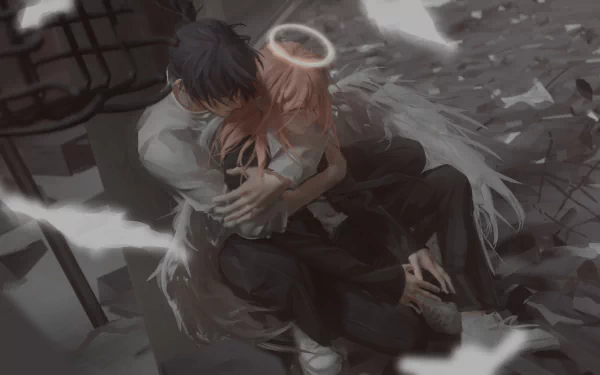 HD anime desktop wallpaper: Chainsaw Man's Aki Hayakawa cradles the Angel Devil—halo and wings glowing as feathers drift over rubble.