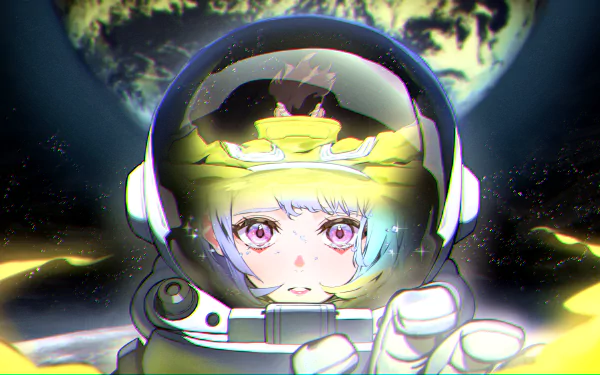4K Ultra HD anime wallpaper featuring Lucy from Cyberpunk: Edgerunners in a detailed space helmet with a glowing yellow hue and cosmic background.