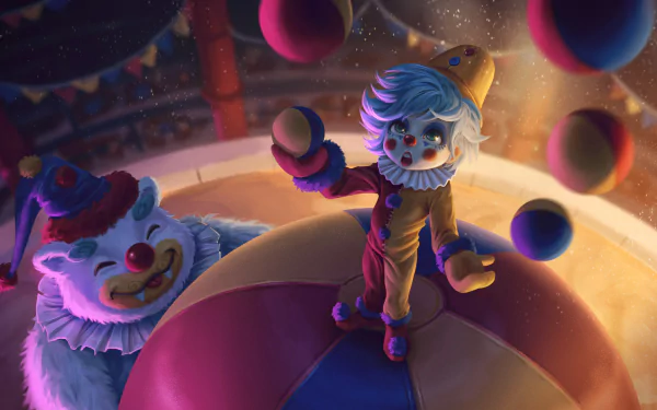 HD League of Legends desktop wallpaper featuring Nunu and Willump in colorful clown costumes, surrounded by bouncing balls in a vibrant, playful scene.