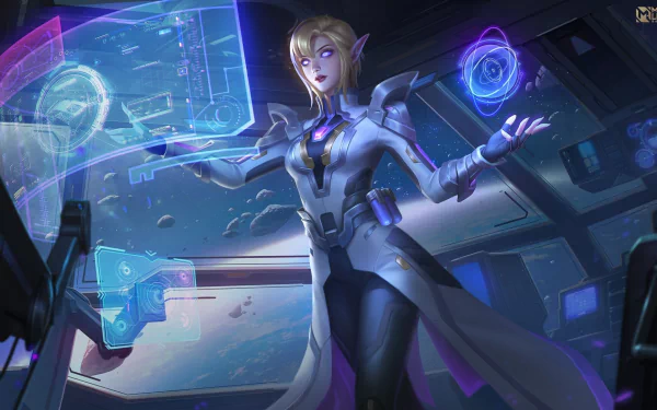 Futuristic elf-like hero from the video game Mobile Legends: Bang Bang stands in a starship lab, manipulating holographic interfaces — HD PC desktop wallpaper and background.