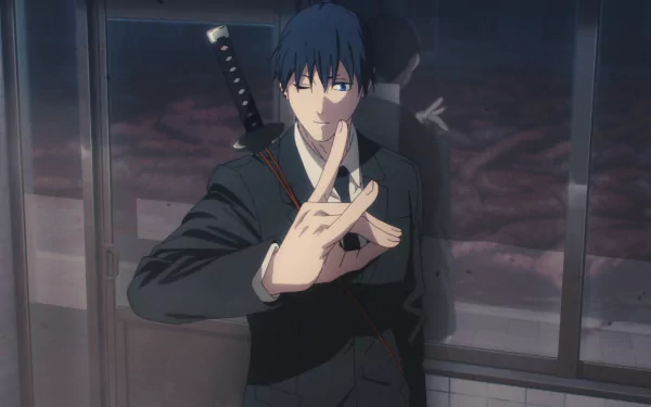 Aki Hayakawa (Chainsaw Man) anime HD PC desktop wallpaper: he stands in a dark corridor in a suit, sword on his back, forming a hand seal.