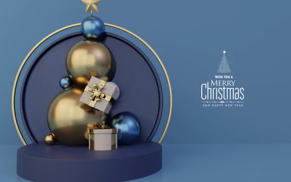 8K Ultra HD PC desktop wallpaper background: minimalist blue and gold Christmas scene with stacked baubles, wrapped gifts, star topper and Merry Christmas holiday greeting.