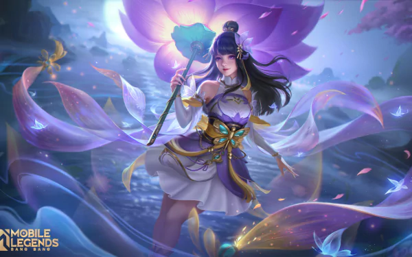 Mobile Legends: Bang Bang HD PC desktop wallpaper showing a female hero in flowing purple-white robes holding a lotus parasol, surrounded by glowing lotus petals over moonlit water.