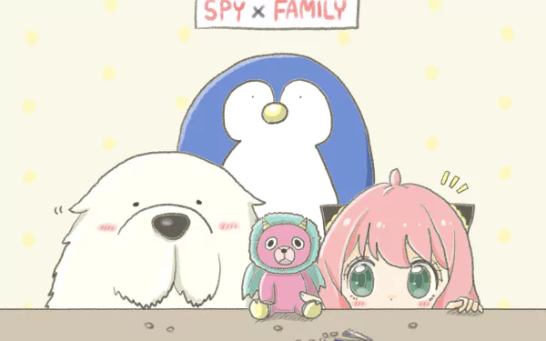 Spy x Family 2K Quad HD PC wallpaper: anime scene of Anya Forger peeking over a table with Bond (dog) and a penguin plush, a small pink bear toy between them on a pastel background.