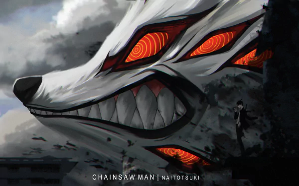 HD wallpaper featuring Aki Hayakawa and the Fox Devil from the anime Chainsaw Man. The Fox Devil's menacing eyes and sharp teeth dominate the dark, stormy background.