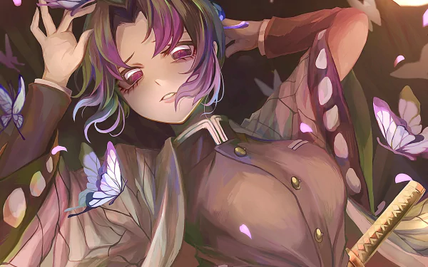 HD anime desktop wallpaper featuring Shinobu Kocho from Demon Slayer: Kimetsu no Yaiba, surrounded by butterflies and soft lighting.