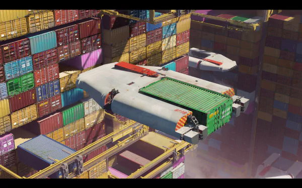 HD desktop wallpaper featuring a sci-fi spaceship navigating through a maze of colorful cargo containers.