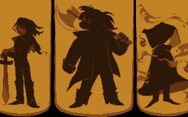 HD PC desktop wallpaper featuring silhouettes of Ralsei, Susie, and Kris from the video game Deltarune against a warm, orange background.