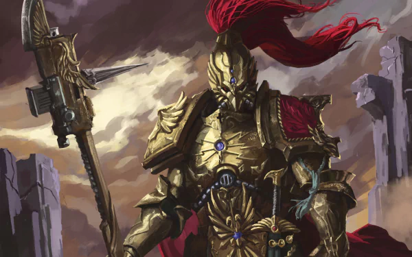 HD PC desktop wallpaper featuring a Warhammer 40k video game character in elaborate armor holding a weapon against a dramatic, ruined landscape backdrop.
