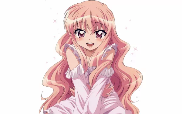 HD anime wallpaper featuring a smiling pink-haired female character from The Familiar of Zero with expressive eyes and flowing hair against a plain white background.