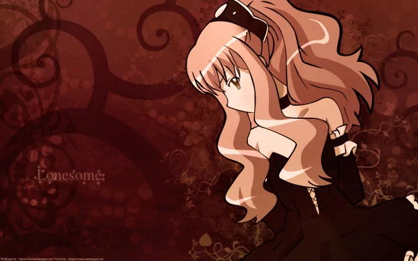 A stylish HD desktop wallpaper featuring a character from Zero no Tsukaima, highlighted in a deep red background with elegant swirls, conveying a sense of mystery and allure.