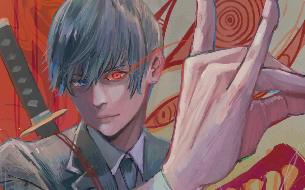 HD PC desktop wallpaper of Aki Hayakawa from Chainsaw Man — anime portrait with glowing red eye, katana over his shoulder and a raised hand against a swirling red, eye-patterned background.