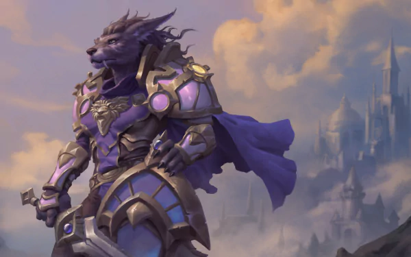 HD PC desktop wallpaper featuring a heroic armored character from the video game World of Warcraft against a cloudy sky and distant castle backdrop.