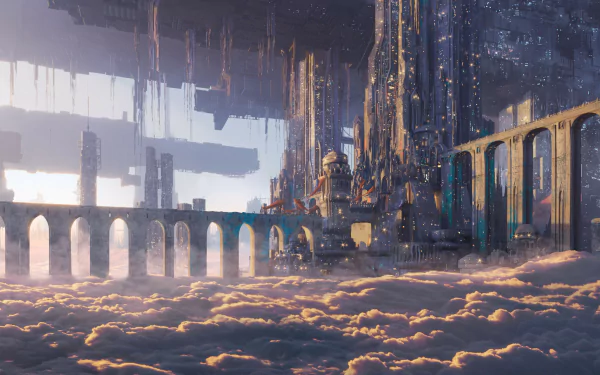 A sprawling fantasy city with towering structures and arches rising above clouds, rendered in stunning 4K Ultra HD for a vivid PC desktop wallpaper.