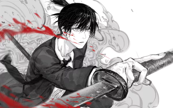 HD anime desktop wallpaper featuring Aki Hayakawa from Chainsaw Man, depicted in dynamic black and white with red accents and a sword in hand.