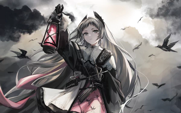 Irene (Arknights), from the video game Arknights, holds a glowing red lantern amid stormy clouds and circling birds — HD PC desktop wallpaper/background.
