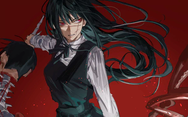 War Devil Asa Mitaka from Chainsaw Man, hair and coat whipping in wind, clutching a chainsaw blade against a blood-red backdrop — 2K Quad HD anime desktop wallpaper.