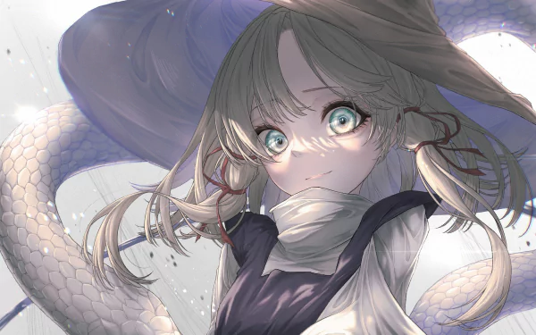 2K Quad HD PC wallpaper of Suwako Moriya (Touhou): close-up anime portrait, glowing teal eyes, braided hair, scarf, coiled snake and soft lighting.