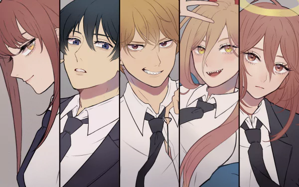 HD anime desktop wallpaper featuring Angel Devil, Power, Denji, Aki Hayakawa, and Makima from Chainsaw Man, each shown in a vertical split-panel style.