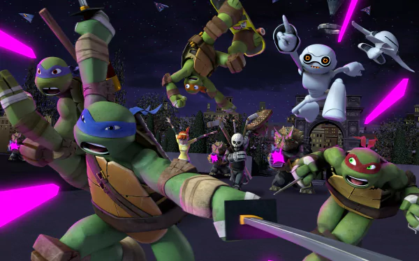 4K Ultra HD PC desktop wallpaper from the TV show Teenage Mutant Ninja Turtles: the four turtles leap into battle at night amid neon purple beams and robotic foes.