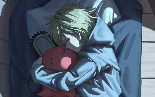 HD PC desktop wallpaper — Chainsaw Man: Denji sleeps curled on a couch clutching Pochita under soft blue light, anime-style art.