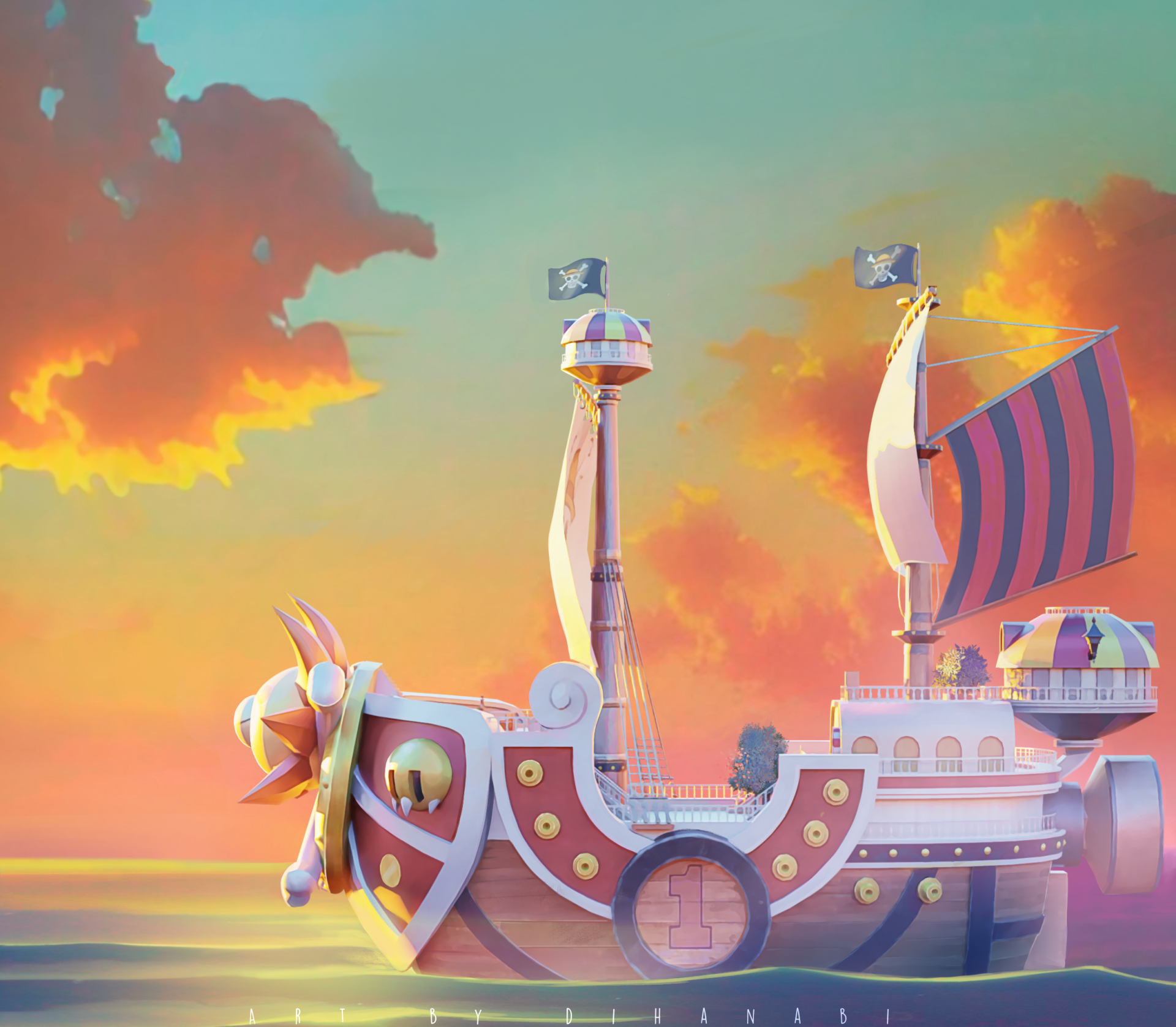 HD PC desktop wallpaper of the Thousand Sunny ship from the anime One Piece, set against a vibrant sunset sky with warm orange and pink hues.