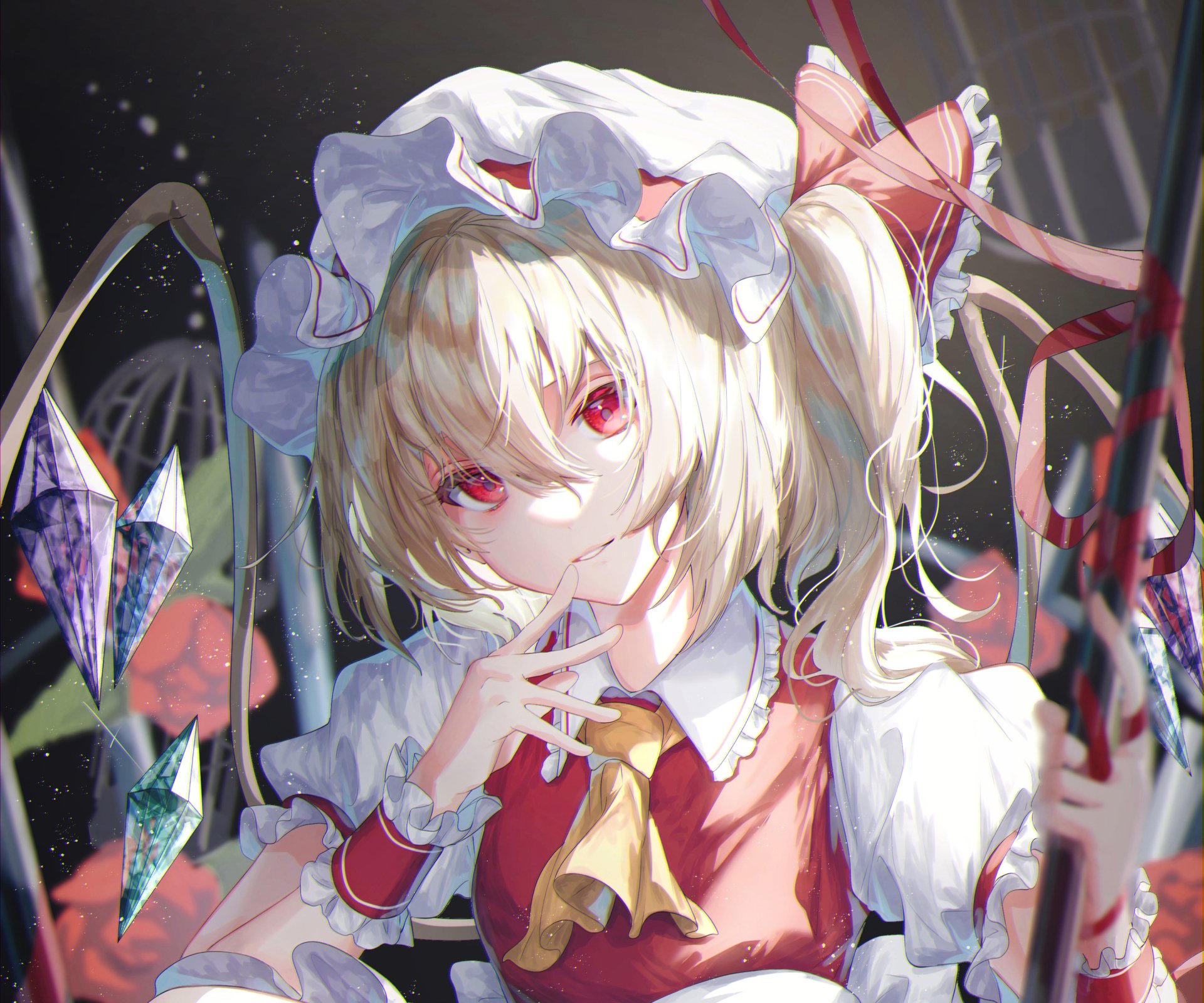 Flandre Scarlet from Touhou, anime-style HD PC wallpaper/background: blonde girl with red eyes, frilled hat and ribboned outfit, crystalline multicolored wing ornaments against a dark, starry backdrop.