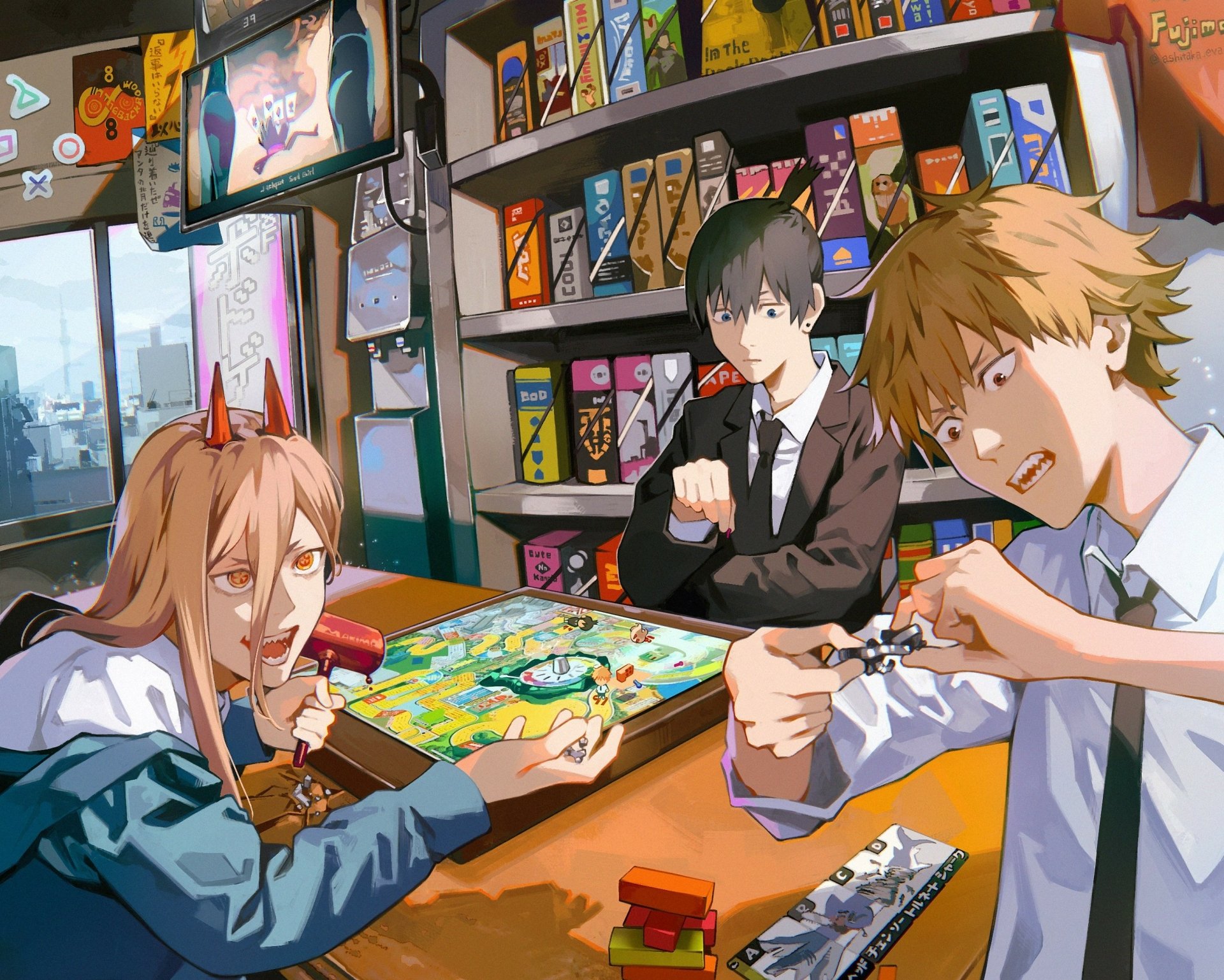 HD anime wallpaper featuring Denji, Aki Hayakawa, and Power from Chainsaw Man playing a board game in a vibrant, detailed room setting.