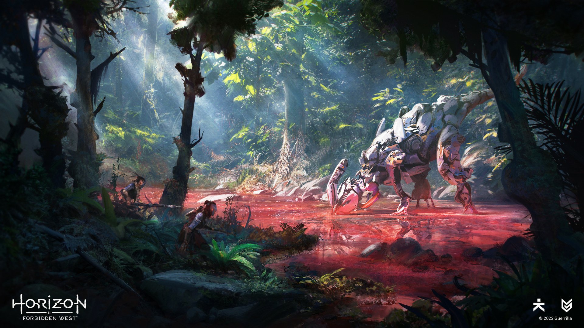 4K Ultra HD desktop wallpaper from the video game Horizon Forbidden West, featuring a lush forest scene with a large robotic creature illuminated by shafts of sunlight.