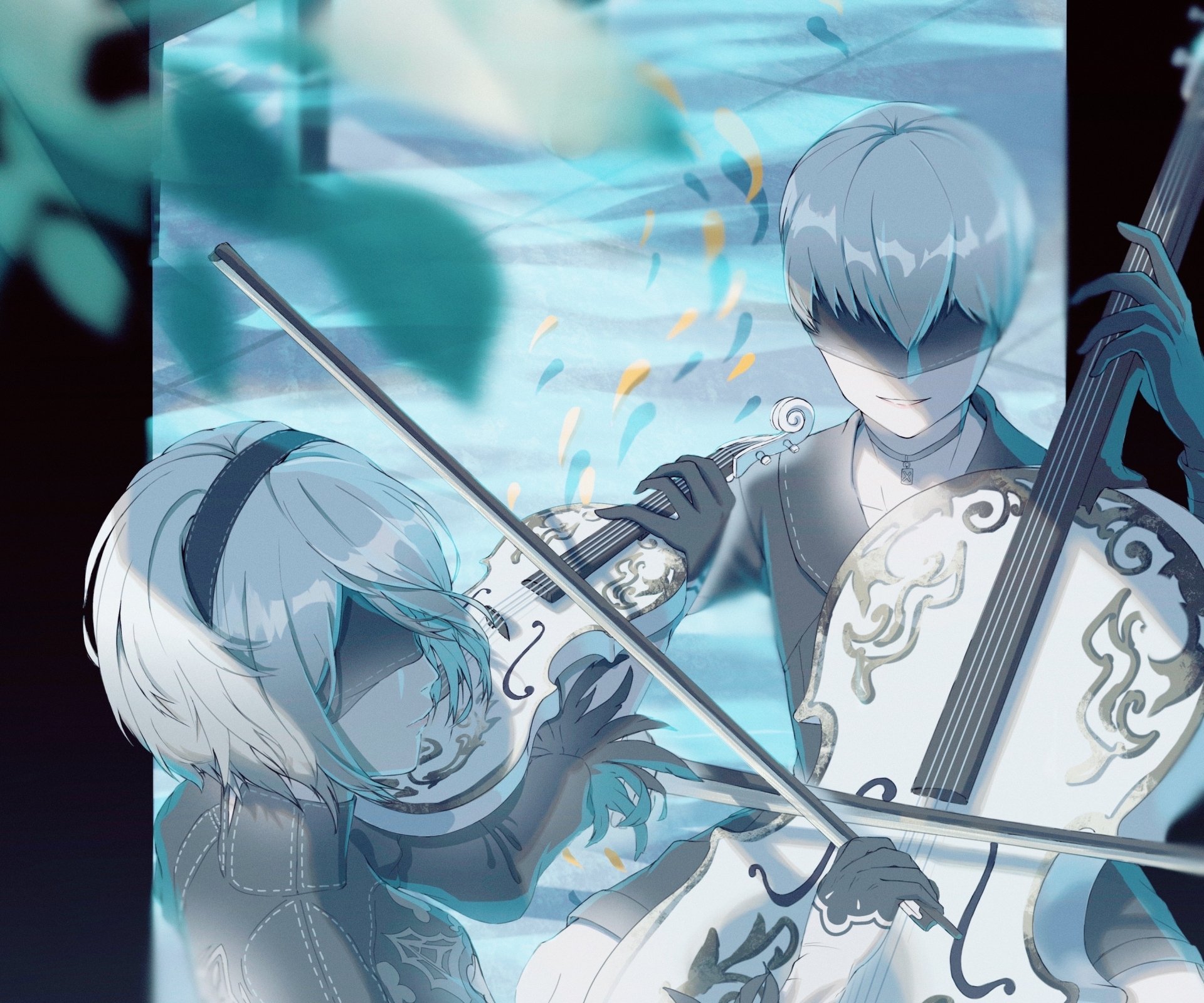 2K Quad HD PC wallpaper of YoRHa No.2 Type B and YoRHa No.9 Type S from the video game NieR: Automata — blindfolded androids playing bowed string instruments amid drifting petals.