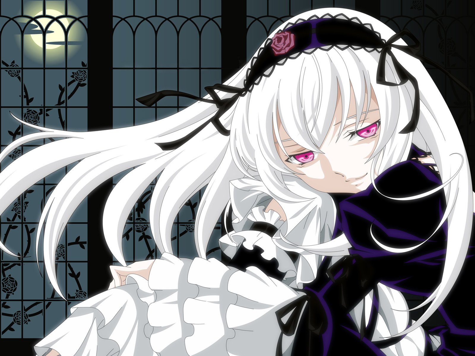 HD anime desktop wallpaper featuring a Rozen Maiden character with long white hair and pink eyes against a dark, gothic window background with bats.
