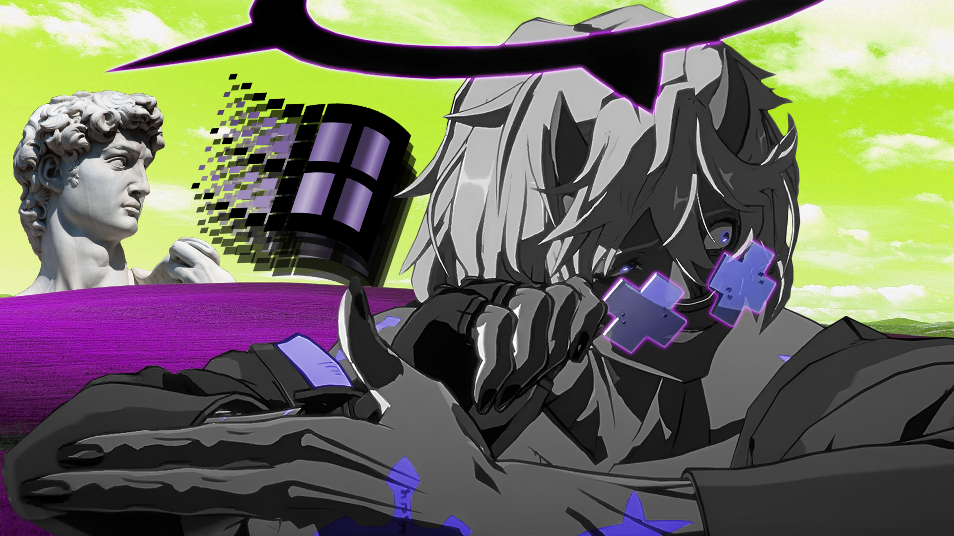 Vaporwave HD PC wallpaper of Guilty Gear Strive's Happy Chaos in neon greens and purples — glitching retro Windows logo and a classical marble bust form a surreal, man-made aesthetic.