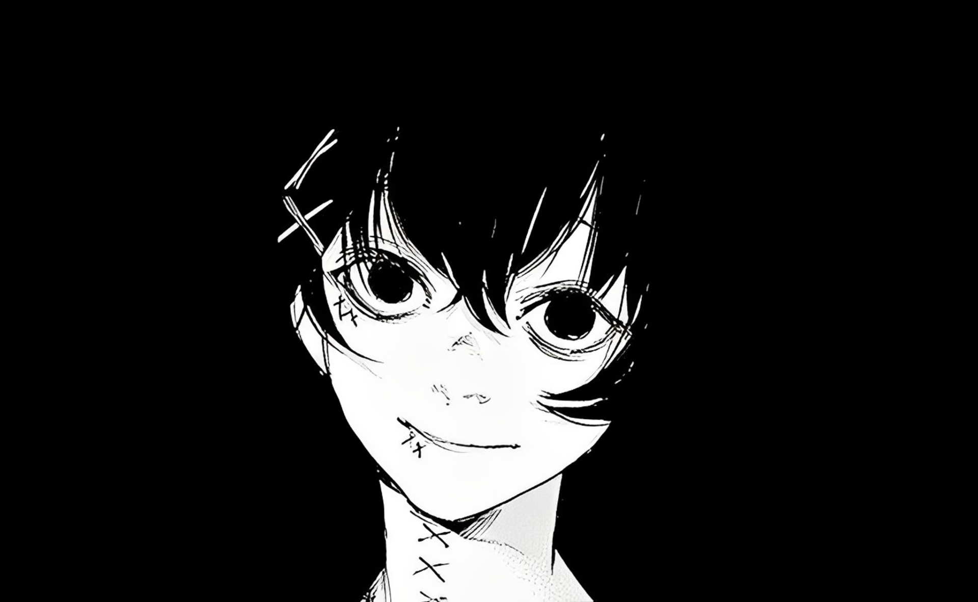 HD PC desktop wallpaper featuring a close-up black and white illustration of a Tokyo Ghoul:re character from the Tokyo Ghoul manga and anime series.