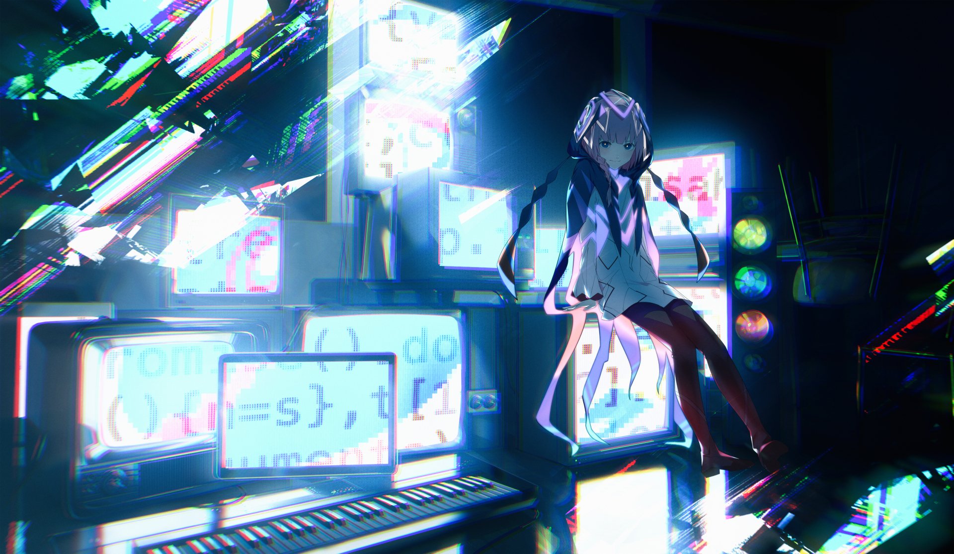 Digital anime-style Virtual YouTuber perched among glitching CRT monitors in a neon cyber studio — 5K Ultra HD PC desktop wallpaper/background.