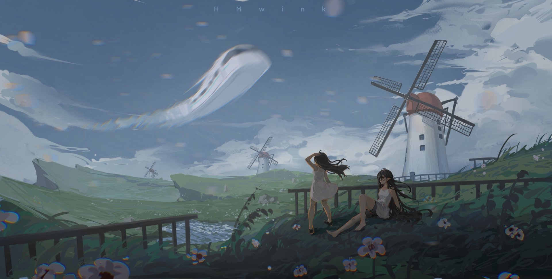 HD anime desktop wallpaper featuring two anime girls in a scenic landscape with windmills under a cloudy sky.