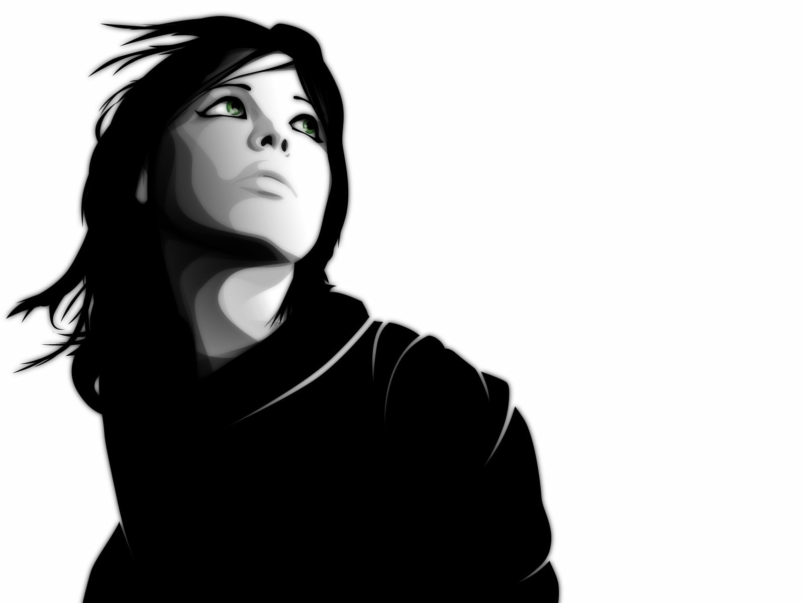 Artistic HD wallpaper featuring a woman with striking green eyes, gazing upward against a minimalist background, creating a captivating and modern aesthetic.