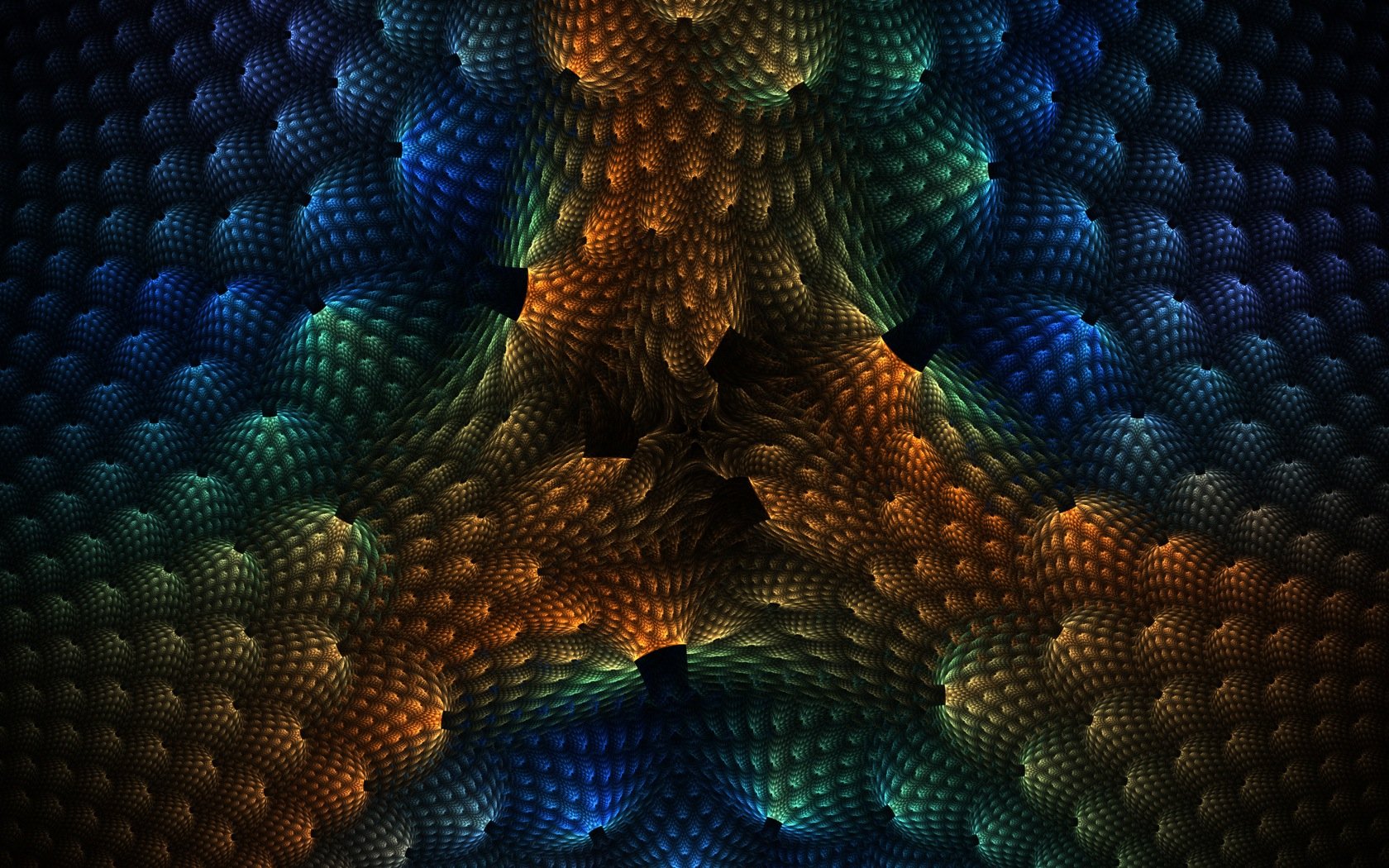 Abstract HD PC desktop wallpaper featuring a textured, multi-colored pattern with a layered, almost honeycomb-like design in deep blues, greens, and warm amber tones.