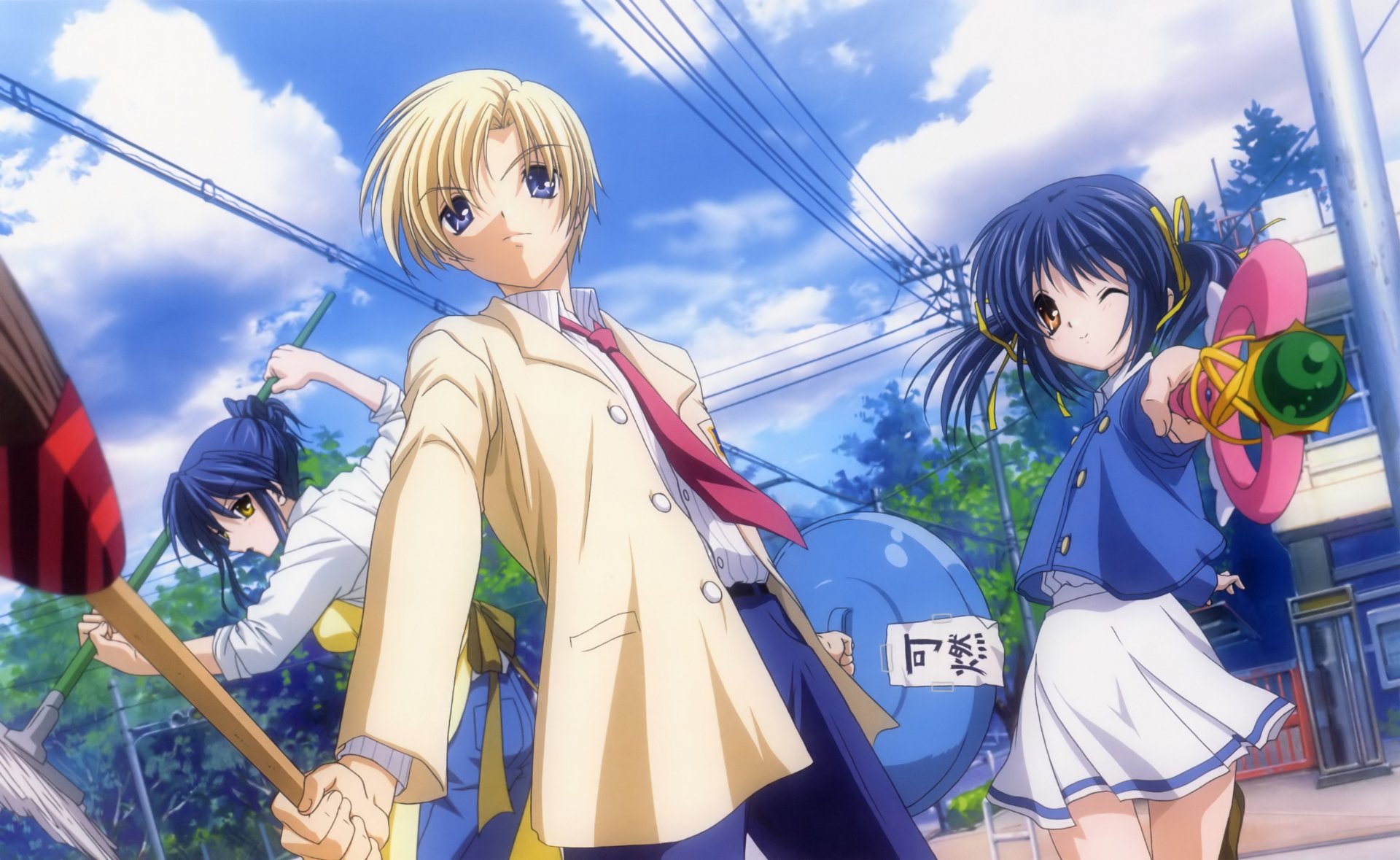 4K Ultra HD PC desktop wallpaper of the Clannad anime: Misae Sagara with Youhei and Mei Sunohara in school uniforms on a sunny street.